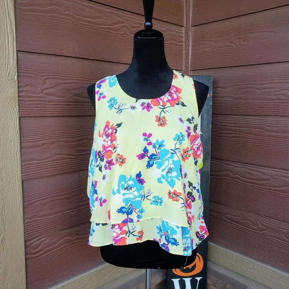 Simply Styled Petite Yellow Floral Sleeveless Ruffle Tier Blouse Women's Size LP